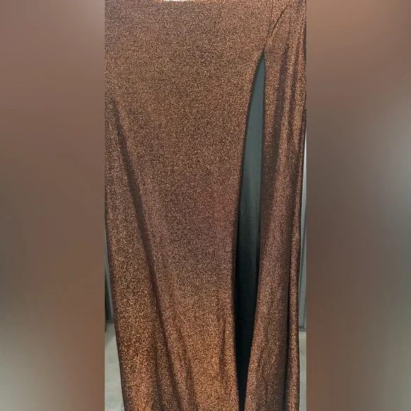 Women’s Jules & Cleo Design Nylon Metallic Spandex Orange Formal Maxi Slit Dress - Picture 9 of 9